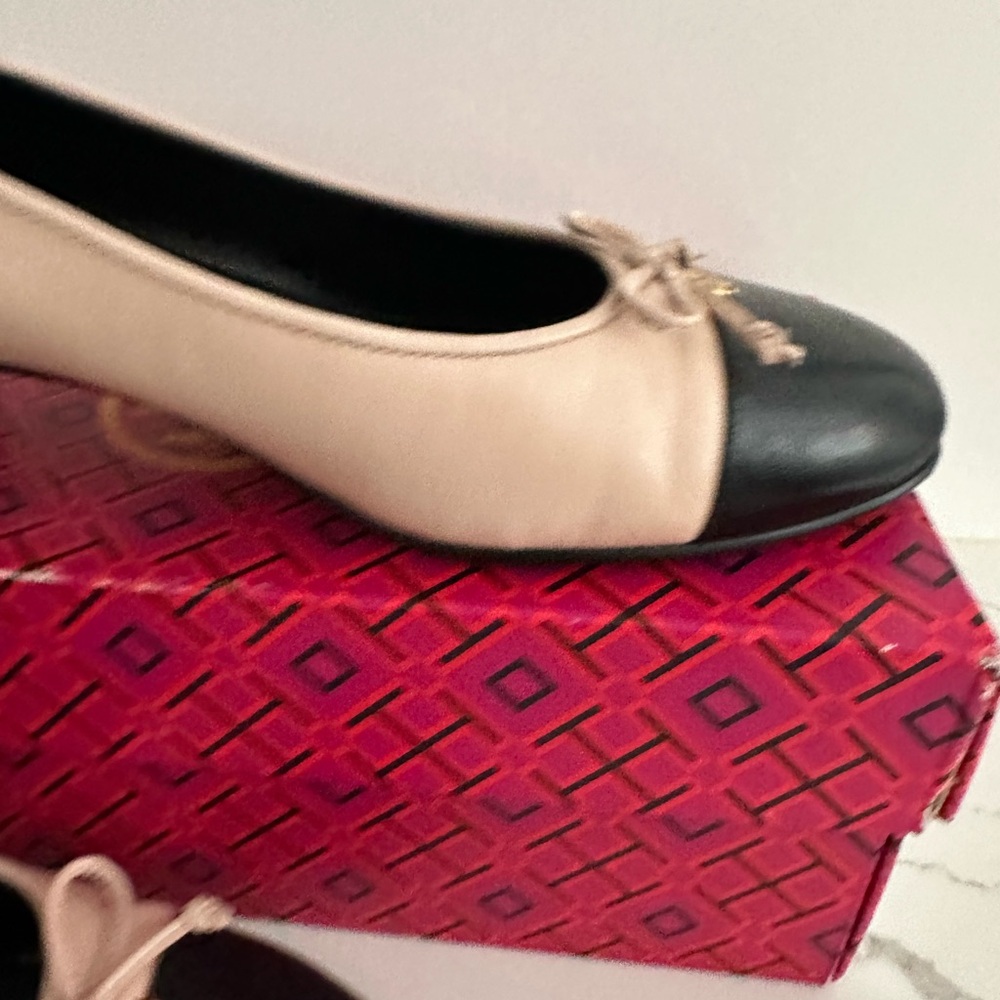 Tory Burch Two-Tone Blush Pink and Black Block Heel Flats - Picture 7 of 10